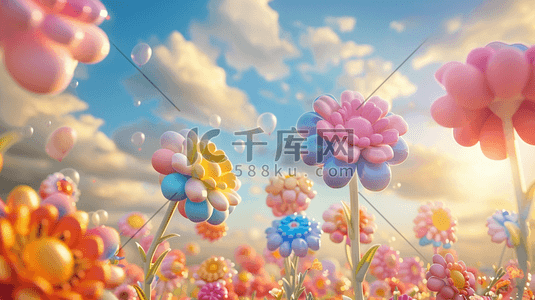 方形状标签插画图片_蓝天白云下彩色气球花朵形状的插画