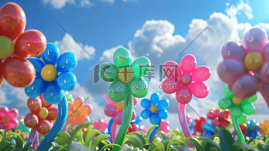 蓝天白云下彩色气球花朵形状的插画