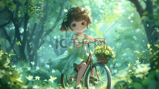 彩色唯美森林里卡通女孩骑车的插画