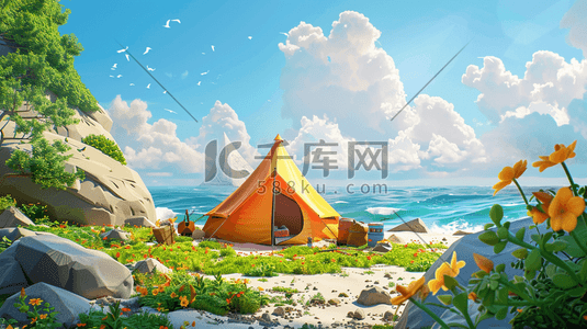 蓝天白云户外海边帐篷风景的插画