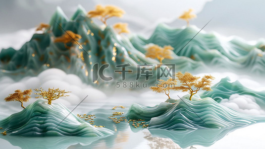 水流元素插画图片_山脉水流树林国风立体合成创意插画