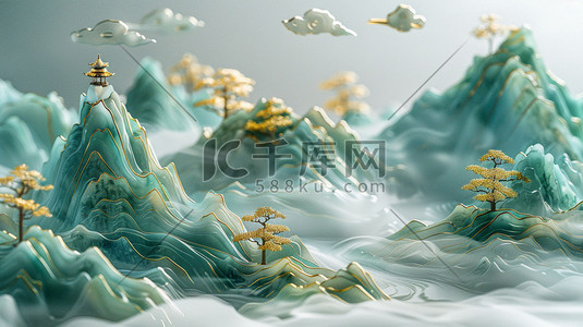 水流汇聚插画图片_山脉水流树林国风立体合成创意插画