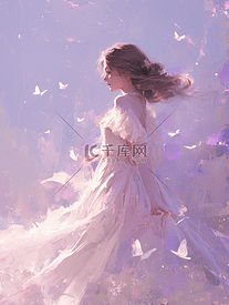 紫色唯美浪漫蝴蝶飞舞女孩的插画
