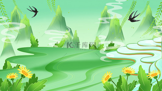 人在青山在插画图片_清明节春天绿色青山梯田风景中国风插画