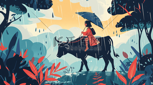 春季季节插画图片_雨中骑着牛的儿童插画6