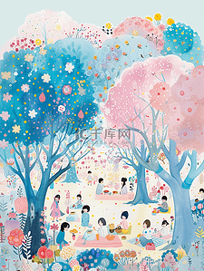 彩色人物插画图片_彩色手绘平面绘画树木春游的插画