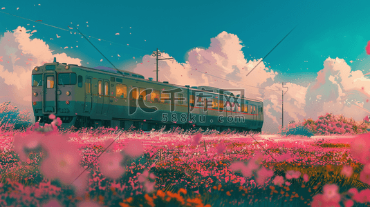 彩色手绘户外花草坪火车轨道行驶的插画