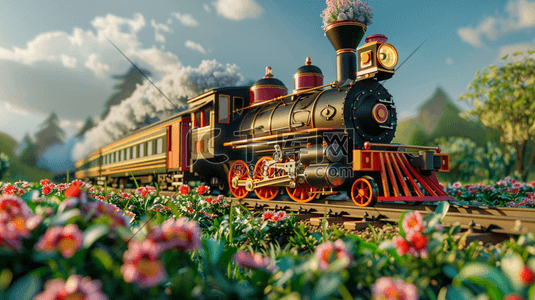 彩色唯美户外风景轨道小火车行驶的插画