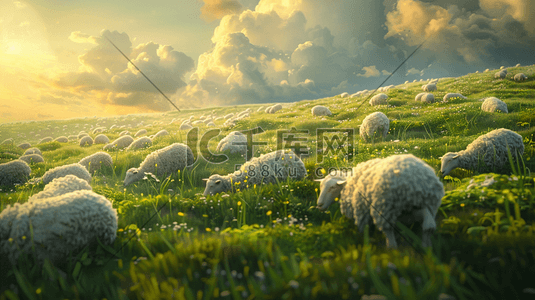 自然呵护插画图片_户外自然风景草原上放养羊羔的插画
