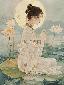 弥勒菩萨插画图片_荷叶上打坐美女插画