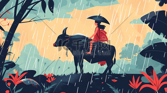 春季季节插画图片_雨中骑着牛的儿童插画7