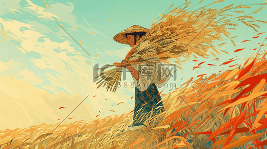 手绘彩色插画图片_手绘彩色农田里干农活稻子的插画