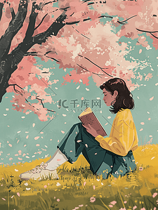 看书的唯美女孩插画图片_彩色手绘唯美户外粉色树下女孩看书的插画