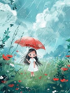 下雨女孩插画图片_手绘雨季森林下雨女孩打伞的插画