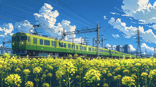 轨道遮罩插画图片_手绘绘画蓝天白云轨道火车的插画