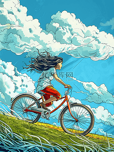 手绘唯美户外风景女孩骑车的插画