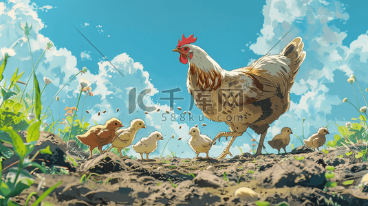 下单母鸡插画图片_母鸡妈妈和一群小鸡插画