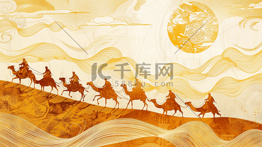 金色沙漠中行驶的驼队插画