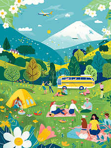 彩色草地插画图片_彩色绘画户外风景帐篷野餐春游的插画