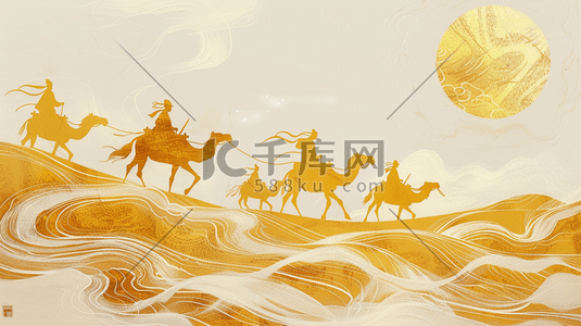 沙漠枯树插画图片_金色沙漠中行驶的驼队插画
