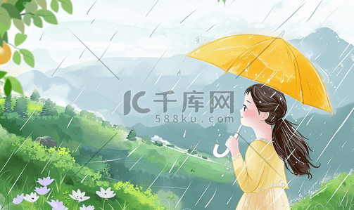 不打伞淋雨的插画图片_雨中打伞的女性插画3