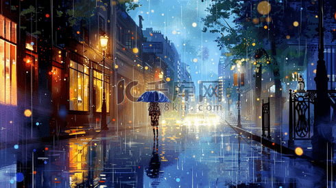 手绘彩色深夜城市街头女人打伞的插画
