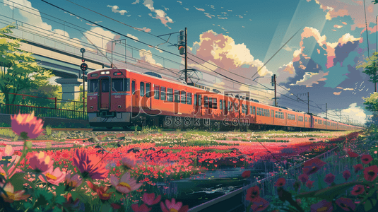 彩色手绘户外花草坪火车轨道行驶的插画