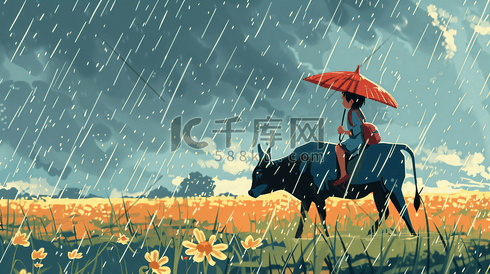 雨中骑着牛的儿童插画1