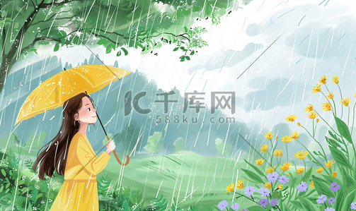 打伞插画图片_清明节清明雨中打伞的女性插画1
