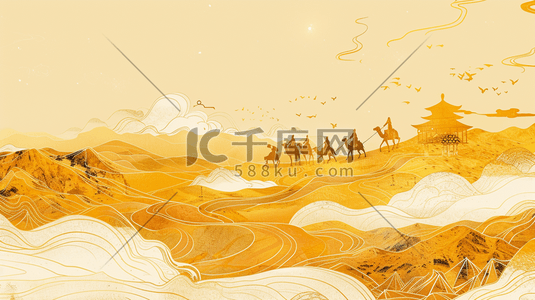 沙漠插画图片_金色沙漠中行驶的驼队插画