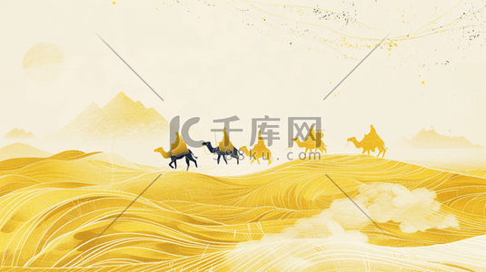 粒子沙漠插画图片_金色沙漠中行驶的驼队插画