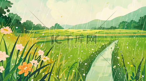 绿色田野春雨风景插画