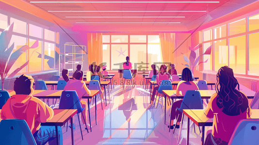 彩色扁平化风格室内女学生上课的插画
