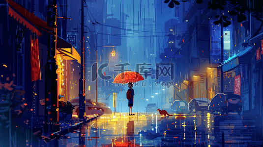 手绘彩色深夜城市街头女人打伞的插画