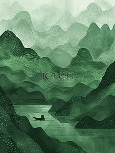 绿色手绘渐变纹理山水风景的插画