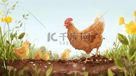 简笔画妈妈黑白插画图片_母鸡妈妈和一群小鸡插画