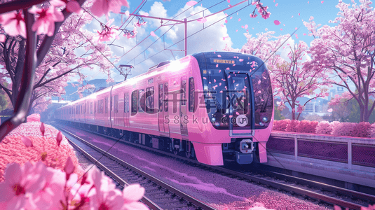 手绘户外粉色树木轨道火车行驶的插画