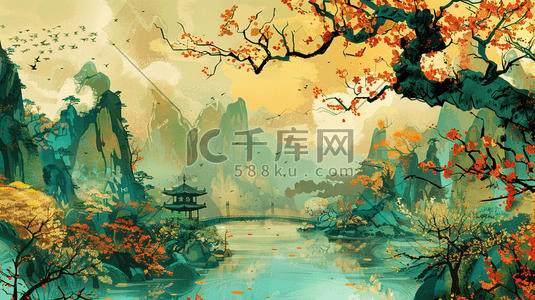 彩色手绘国画亭子山水景区风景的插画