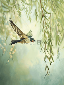 春天户外树枝柳枝燕子飞翔的插画