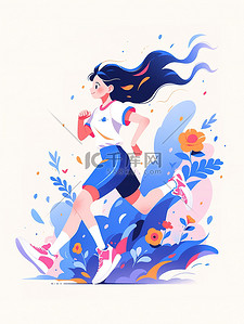 一个女孩在跑步春天的气氛插画素材