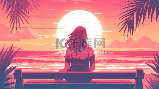 一个女人坐在长椅上看日落插画图片