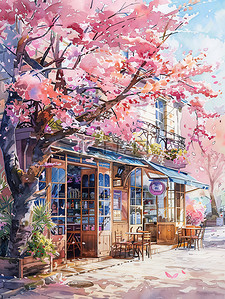 一个人的街角插画图片_樱花盛开街角咖啡店插画设计