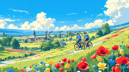 穿过云霄插画图片_骑自行车穿过风景如画的乡村插画海报