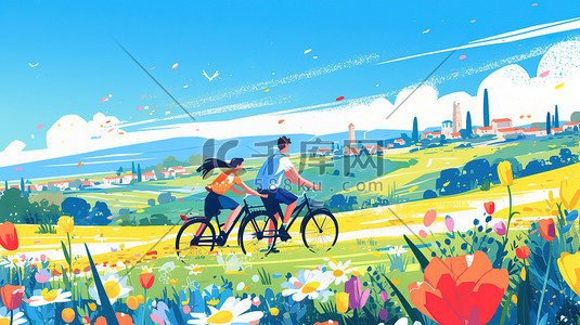穿过云霄插画图片_骑自行车穿过风景如画的乡村原创插画
