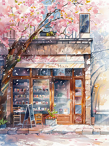 一个人的街角插画图片_樱花盛开街角咖啡店插画