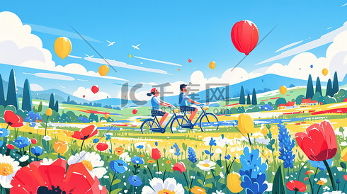 骑自行车穿过风景如画的乡村插画图片