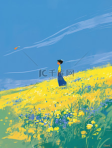的田野插画图片_男孩走在开满黄色花朵的田野上插画