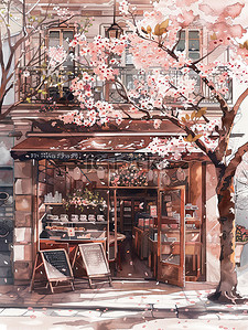 樱花盛开街角咖啡店插画素材