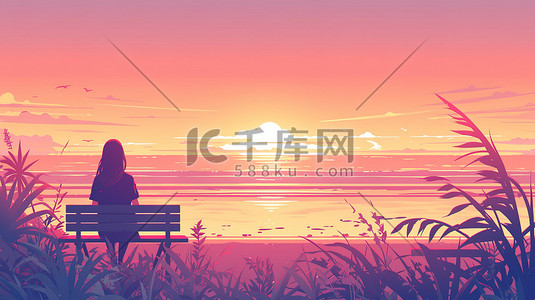 一个女人坐在长椅上看日落插画素材