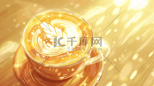 一杯咖啡俯视插画图片_金色流光一杯咖啡奶茶插画